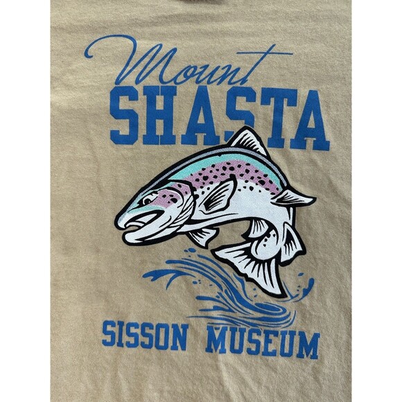 Mount Shasta Sisson Museum TShirt Trout California Men's Medium Tan Fishing Tee - Picture 2 of 8